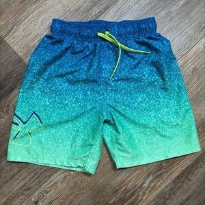 Under Armour Boys' Tipped Logo Volley Swim Trunk blue and green gradient pattern